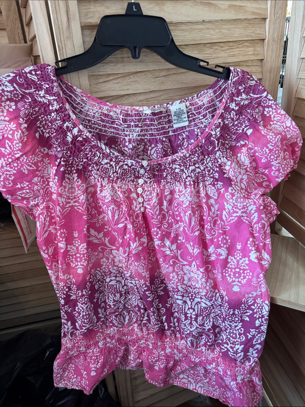 Izod Pink Floral Smocked Peasant Top Large